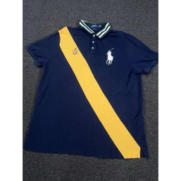 Polo Ralph Lauren Shirt 2XL Navy Blue Stripe Crest Big Pony Rugby Custom Slim - Picture 2 of 9